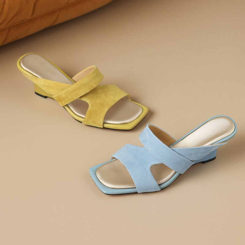 Erin Square-Toe Leather Sandal Heels