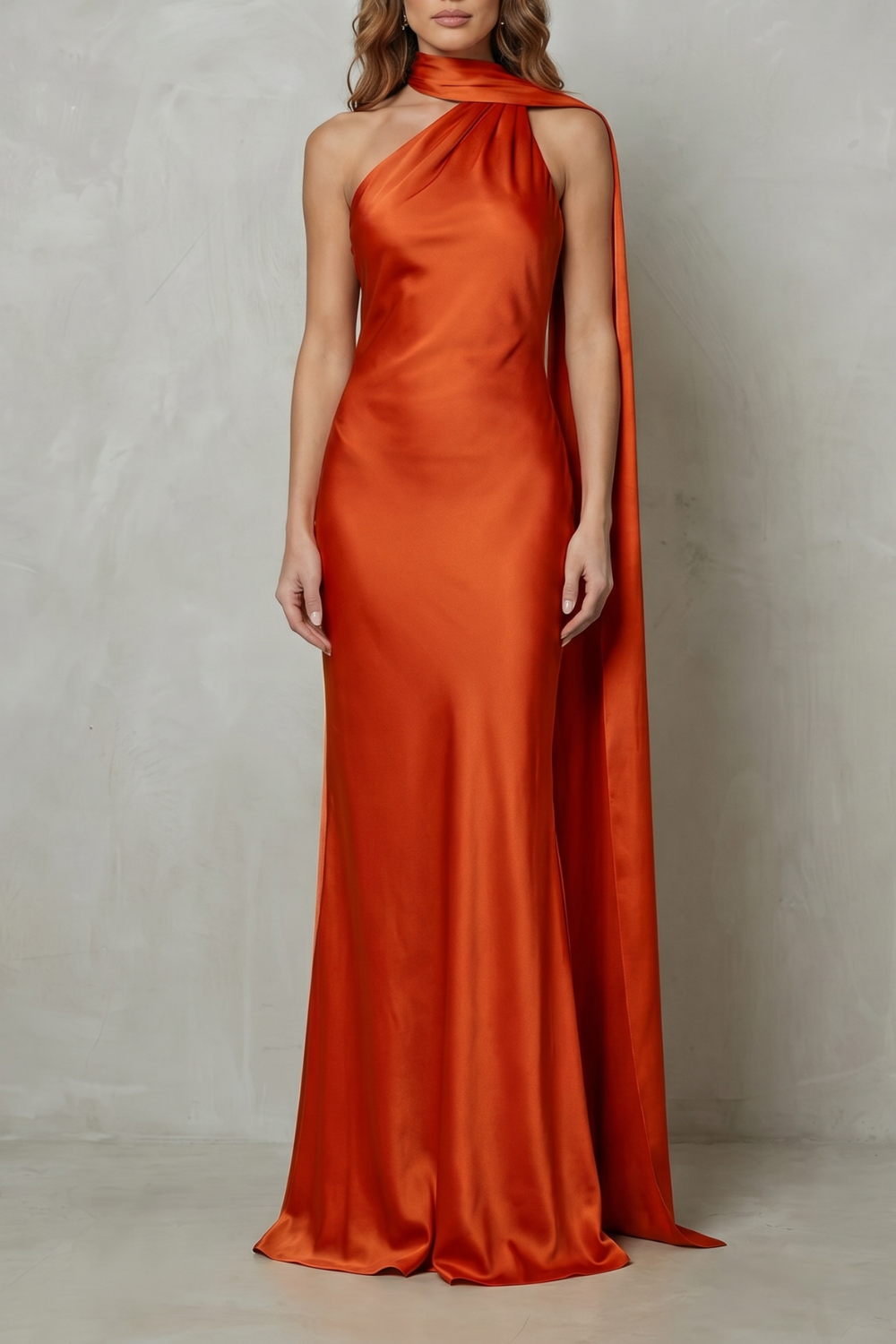 Draped Neckline Cascade Satin Mermaid Gown
