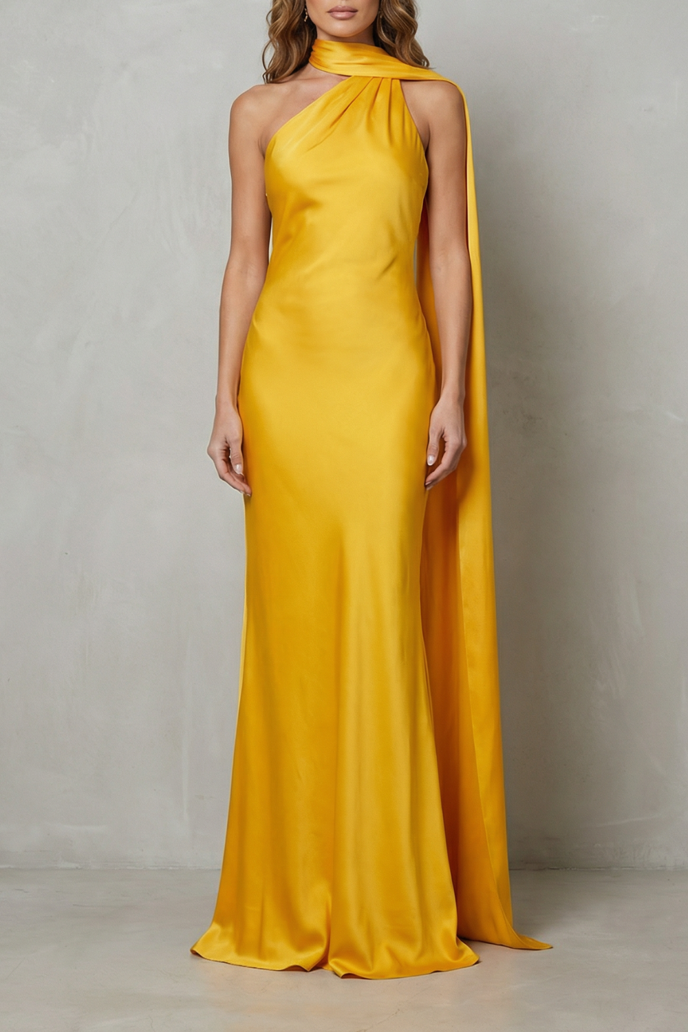 Draped Neckline Cascade Satin Mermaid Gown