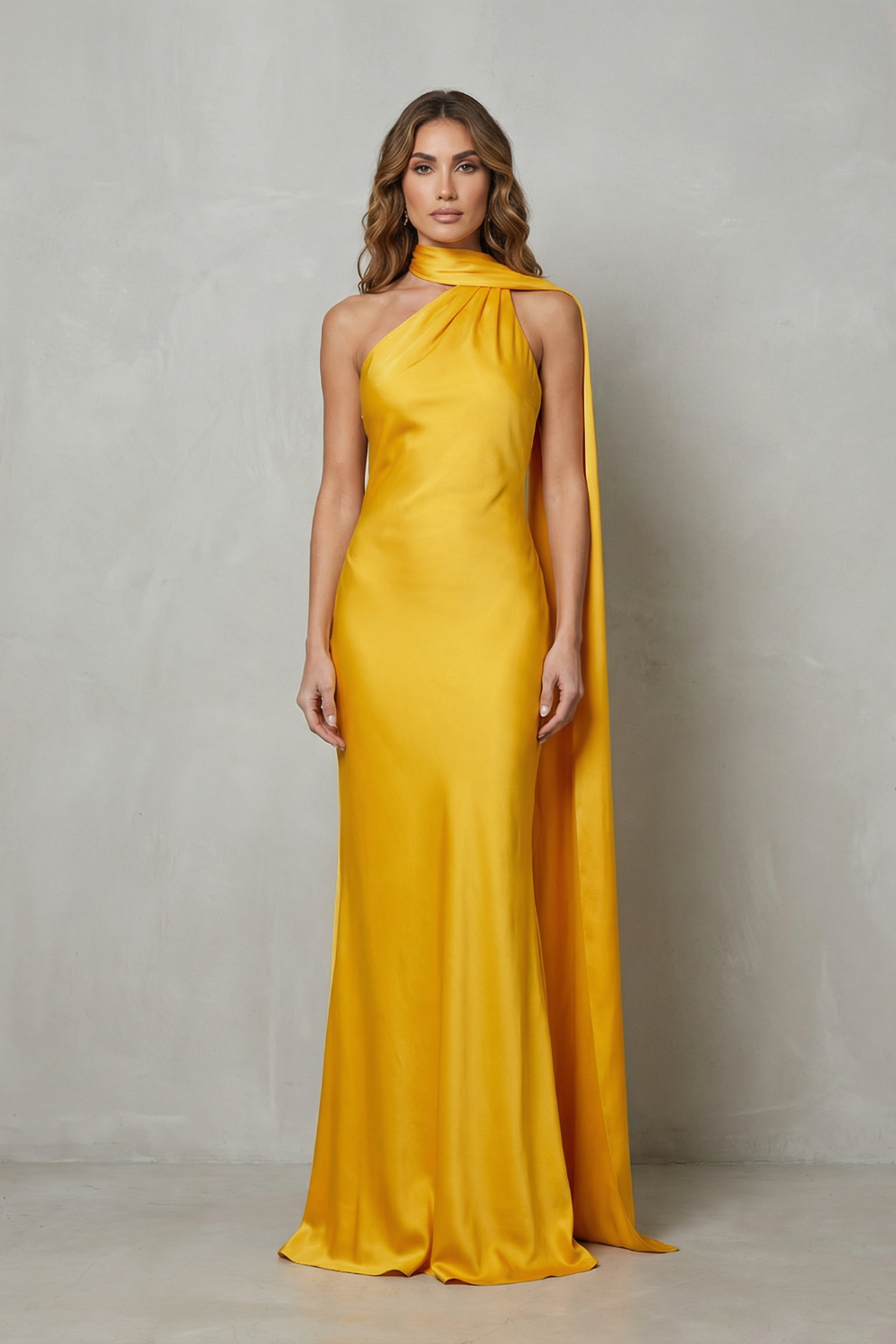 Draped Neckline Cascade Satin Mermaid Gown
