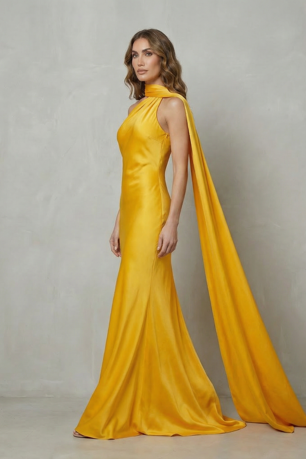 Draped Neckline Cascade Satin Mermaid Gown