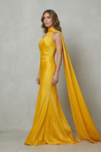 Draped Neckline Cascade Satin Mermaid Gown