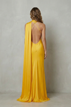 Draped Neckline Cascade Satin Mermaid Gown