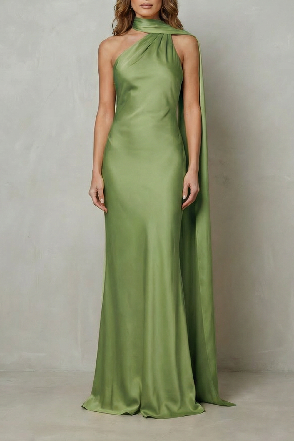 Draped Neckline Cascade Satin Mermaid Gown