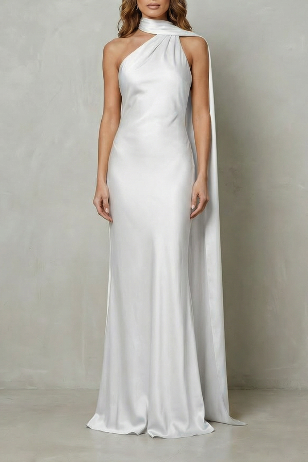 Draped Neckline Cascade Satin Mermaid Gown