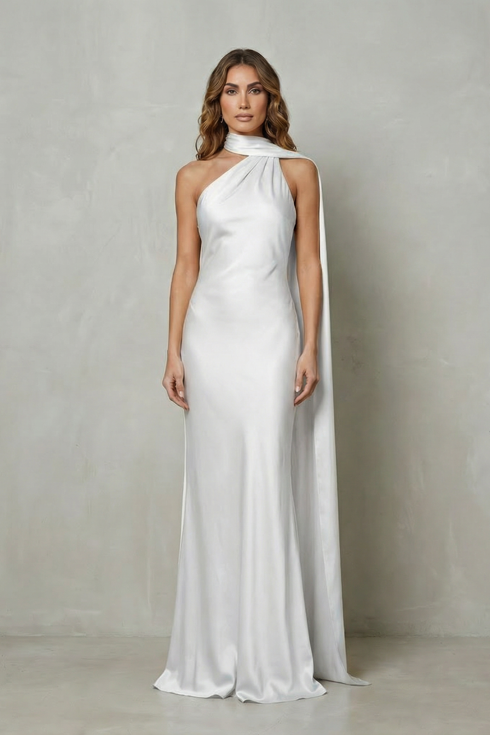 Draped Neckline Cascade Satin Mermaid Gown