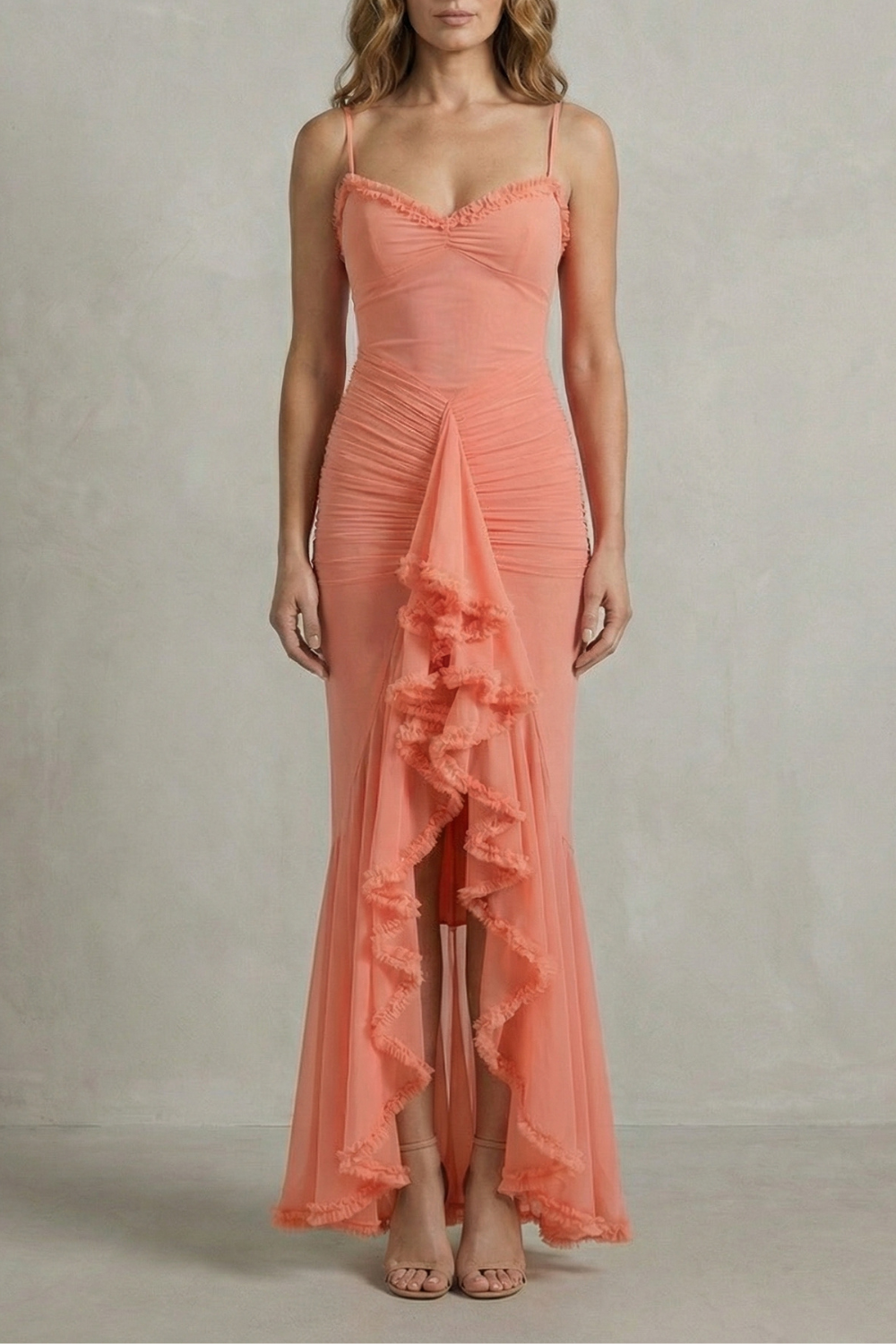 Feminine Ruffle Allure Sleeveless High Low Maxi Dress