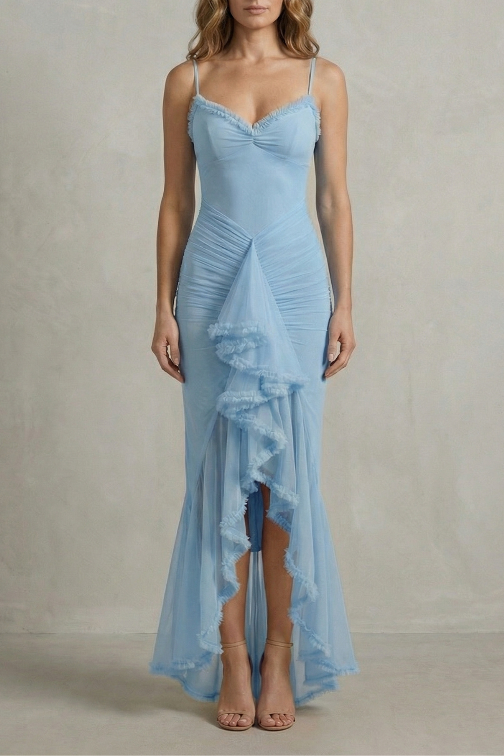Feminine Ruffle Allure Sleeveless High Low Maxi Dress