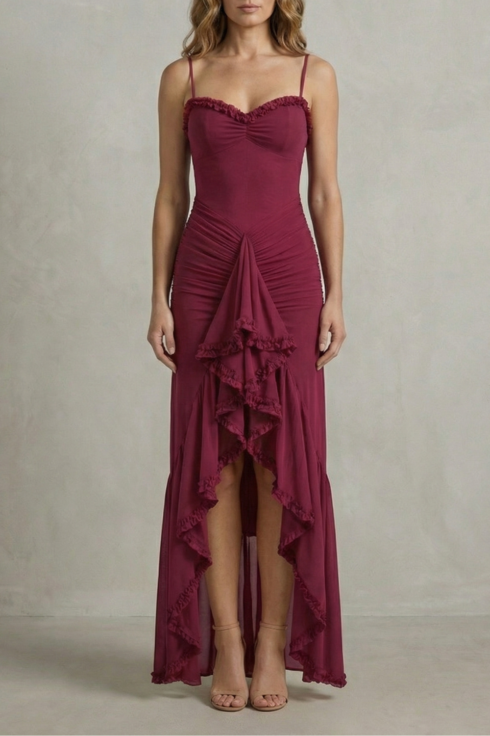 Feminine Ruffle Allure Sleeveless High Low Maxi Dress