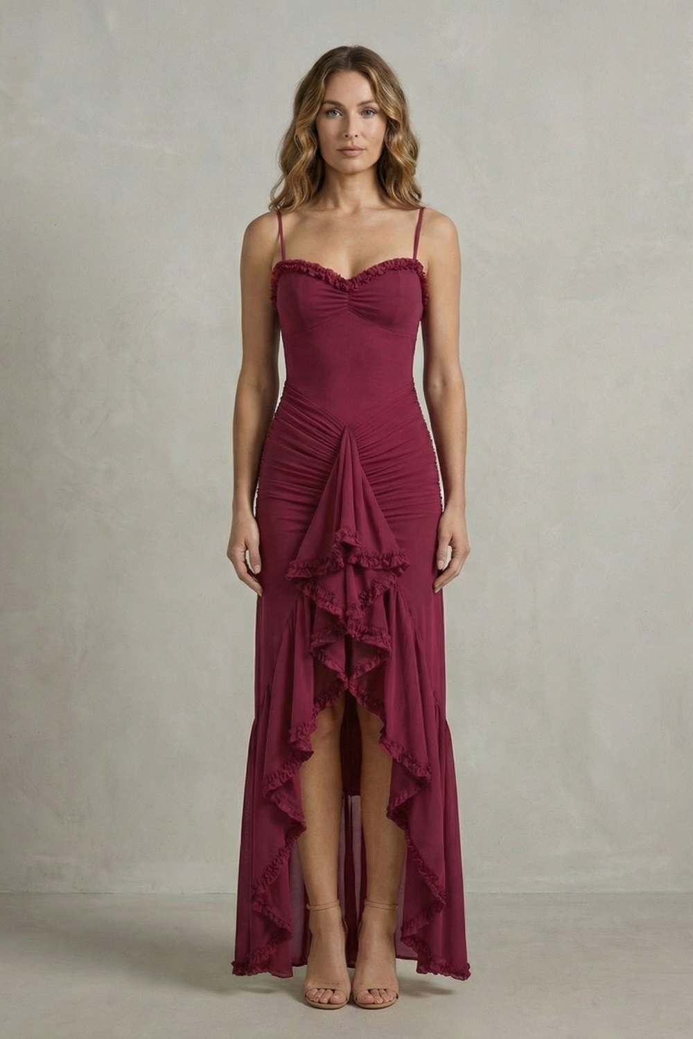 Feminine Ruffle Allure Sleeveless High Low Maxi Dress