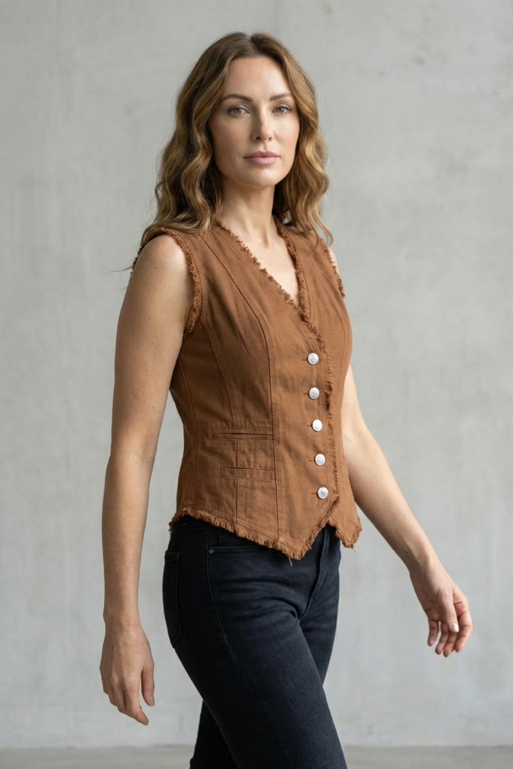 Distressed Button Denim Vest Western-Inspired Statement Piece