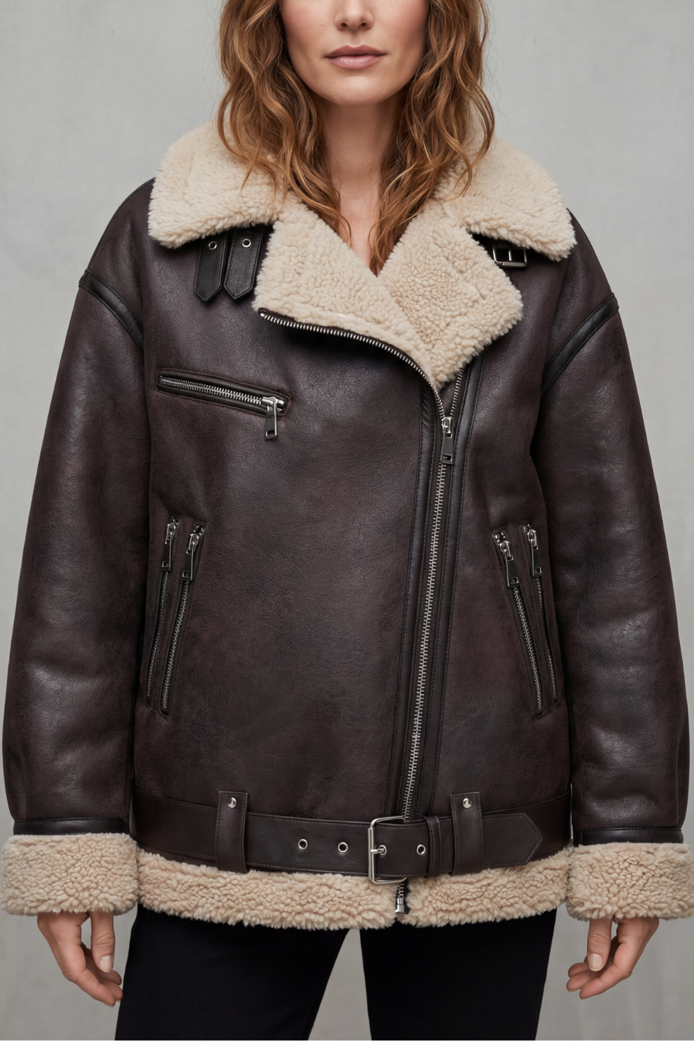 Belted Shearling Trim Aviator Coat