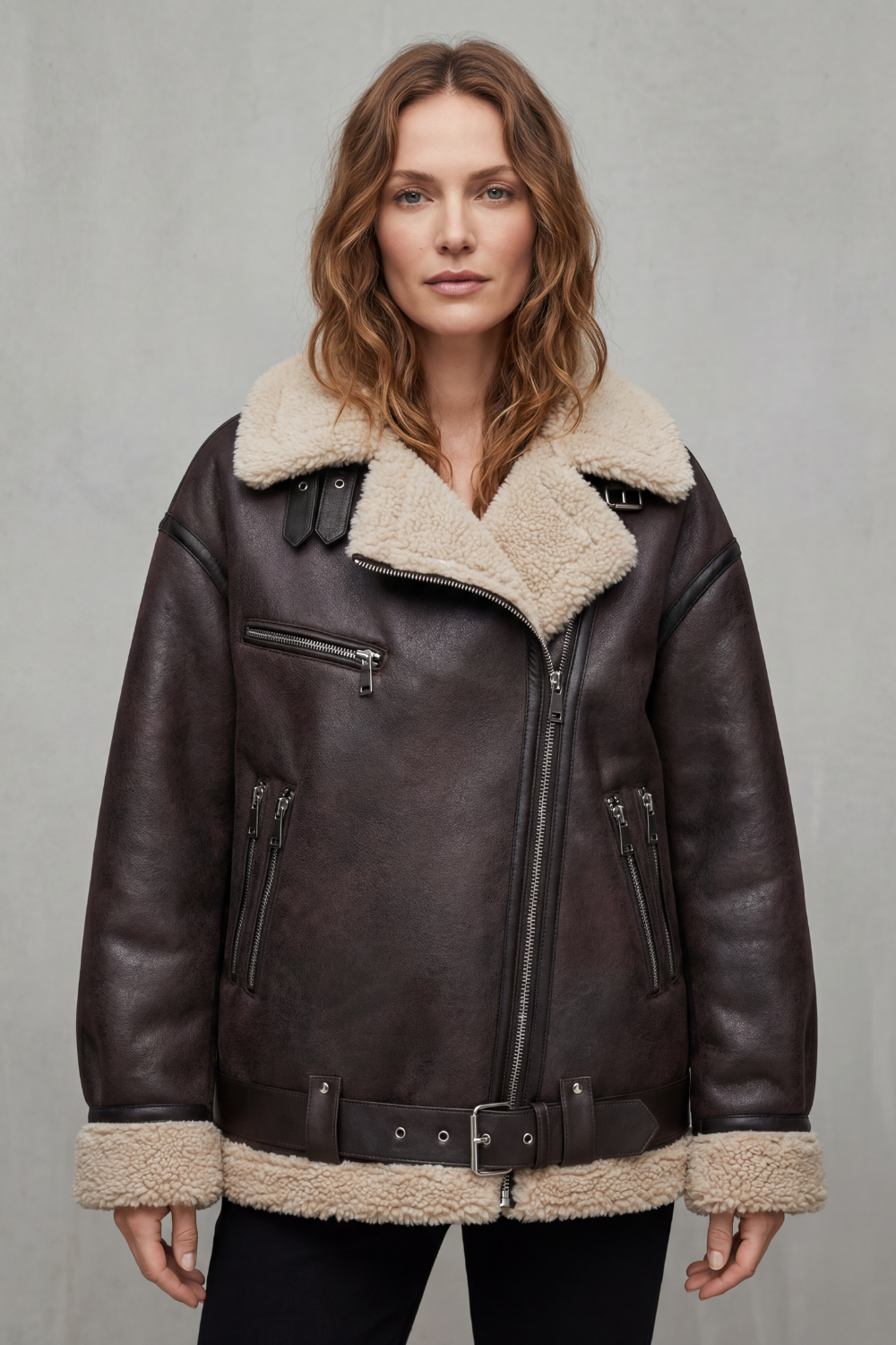 Belted Shearling Trim Aviator Coat