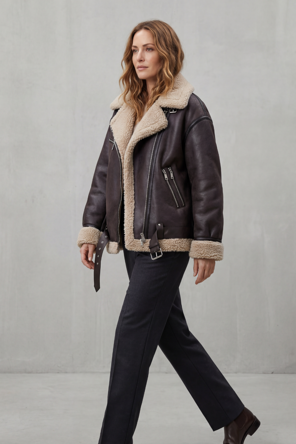 Belted Shearling Trim Aviator Coat