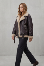 Belted Shearling Trim Aviator Coat