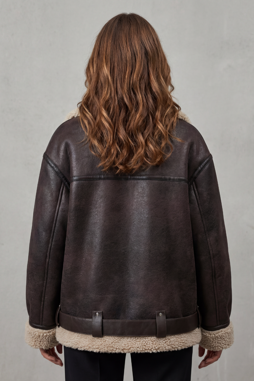 Belted Shearling Trim Aviator Coat