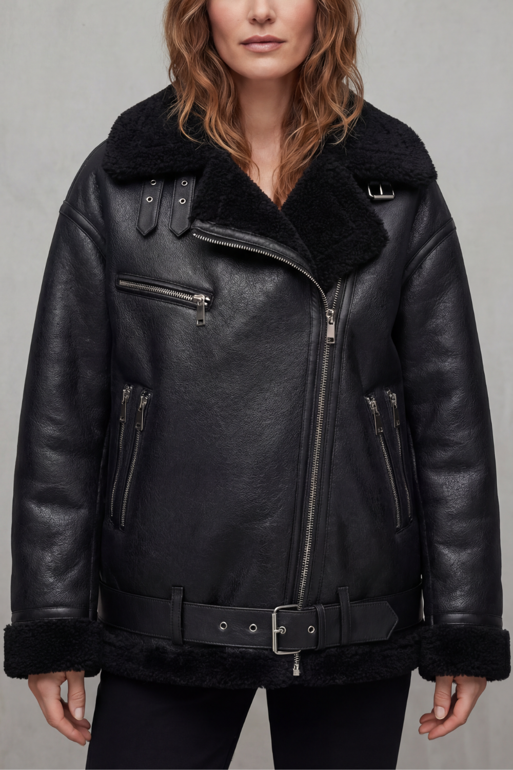 Belted Shearling Trim Aviator Coat