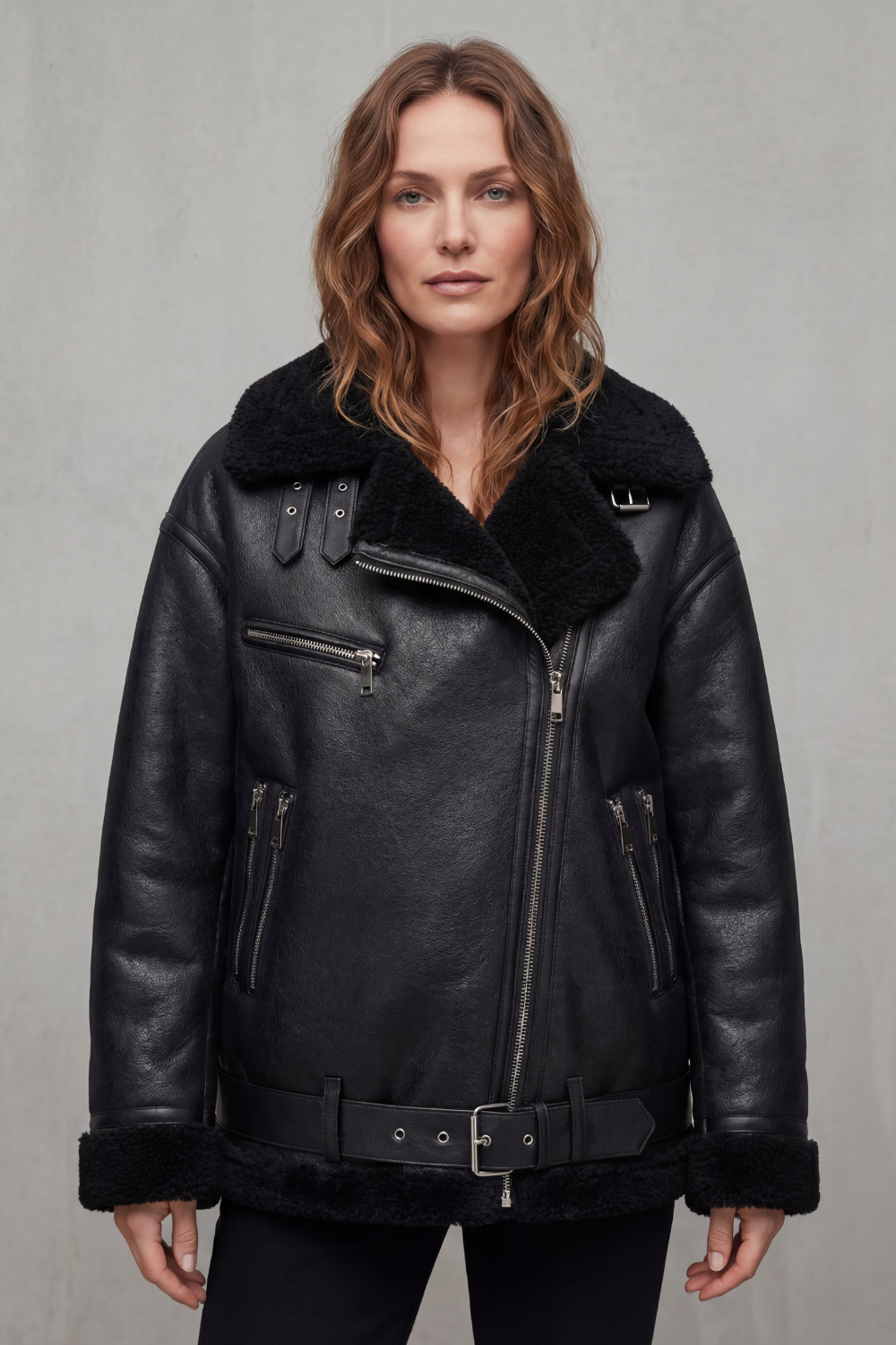 Belted Shearling Trim Aviator Coat