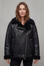 Belted Shearling Trim Aviator Coat