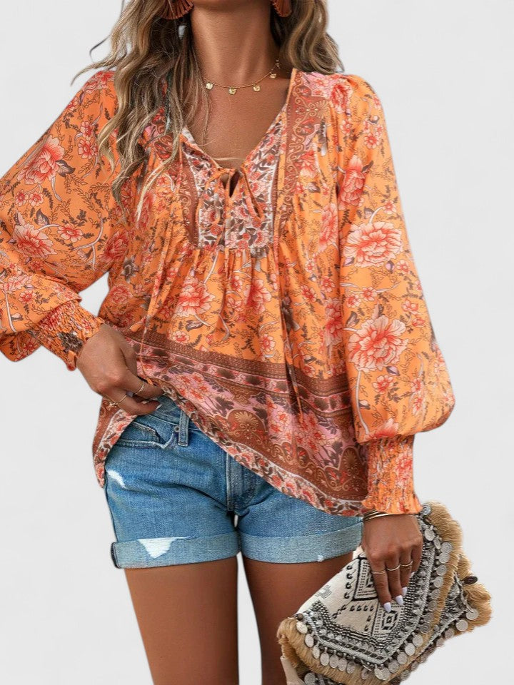 Women's Boho V-Neck Lace-Up Blouse Long Sleeve Print - Pink