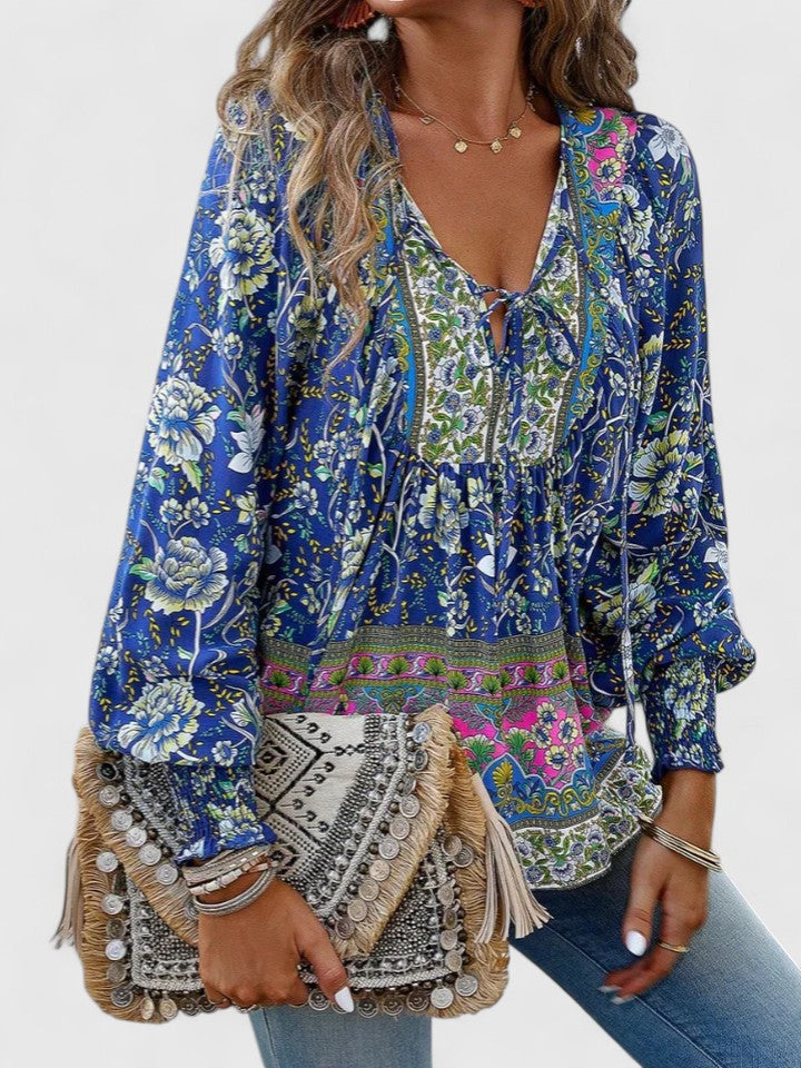 Women's Boho V-Neck Lace-Up Blouse Long Sleeve Print
