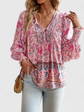 Women's Boho V-Neck Lace-Up Blouse Long Sleeve Print