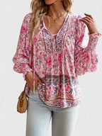 Women's Boho V-Neck Lace-Up Blouse Long Sleeve Print