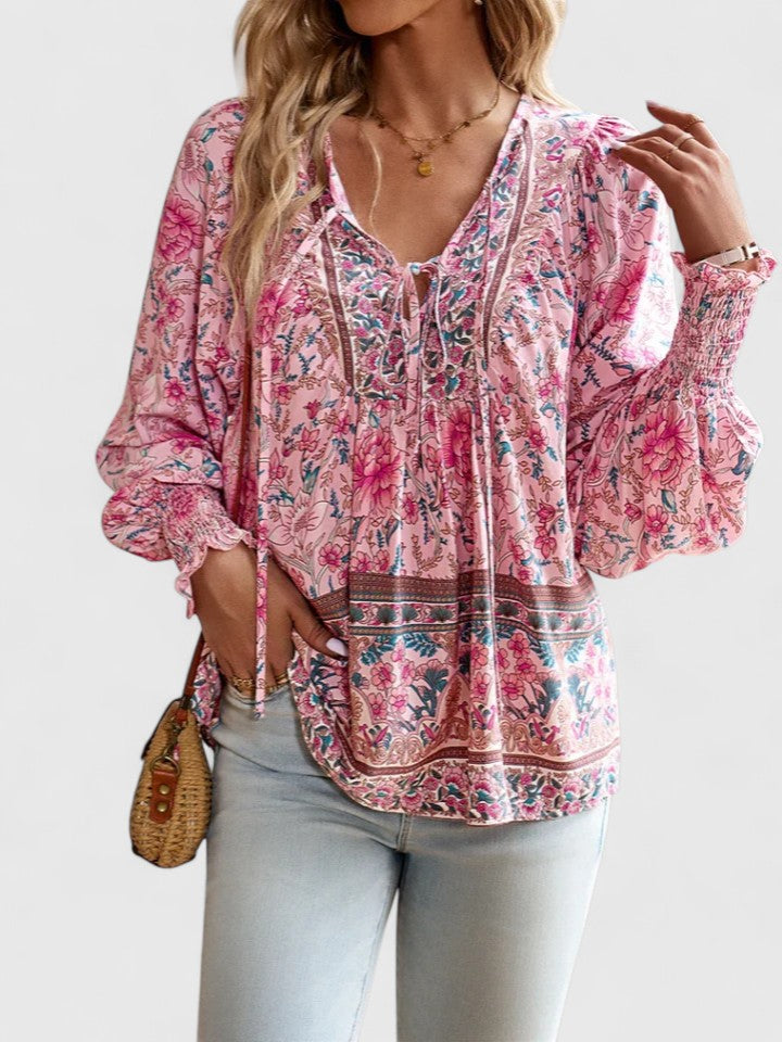 Women's Boho V-Neck Lace-Up Blouse Long Sleeve Print