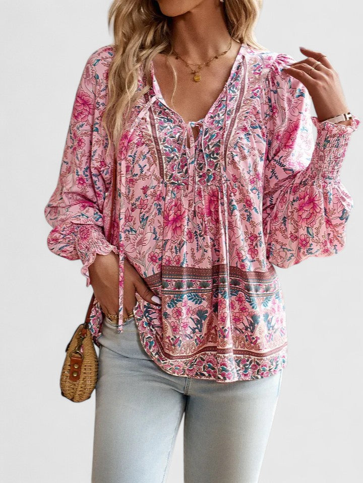 Women's Boho V-Neck Lace-Up Blouse Long Sleeve Print