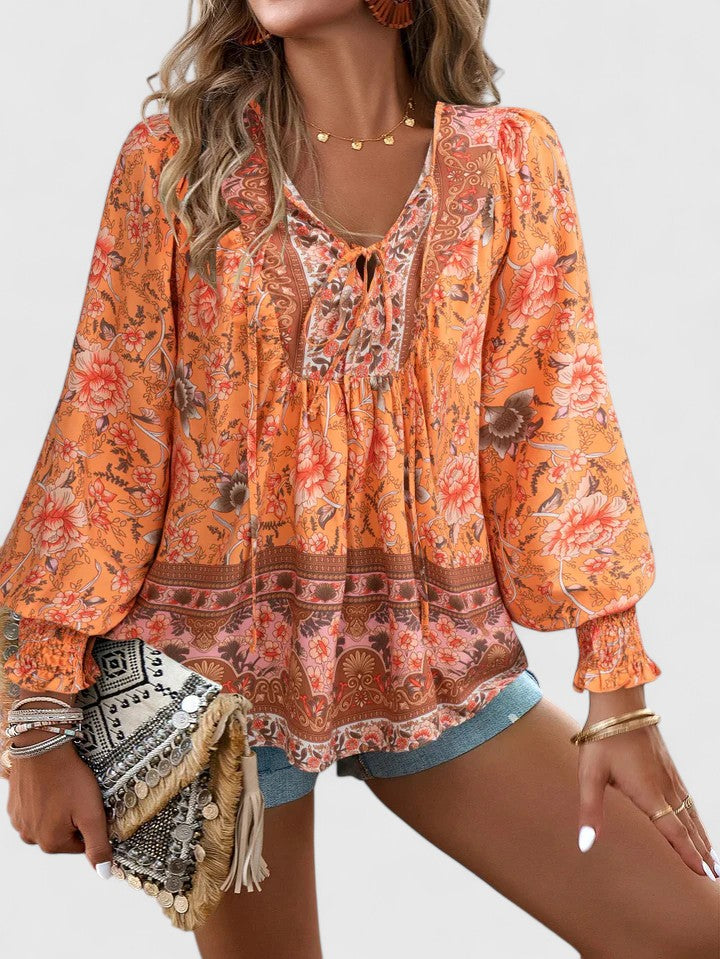 Women's Boho V-Neck Lace-Up Blouse Long Sleeve Print