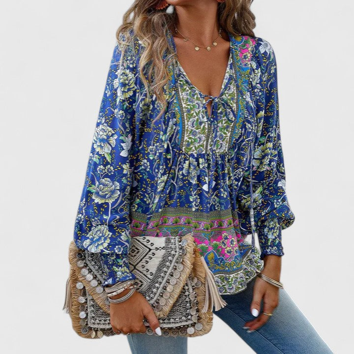 Women's Boho V-Neck Lace-Up Blouse Long Sleeve Print