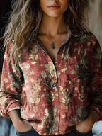 Women's Boho Print Long Sleeve Button-Up Blouse