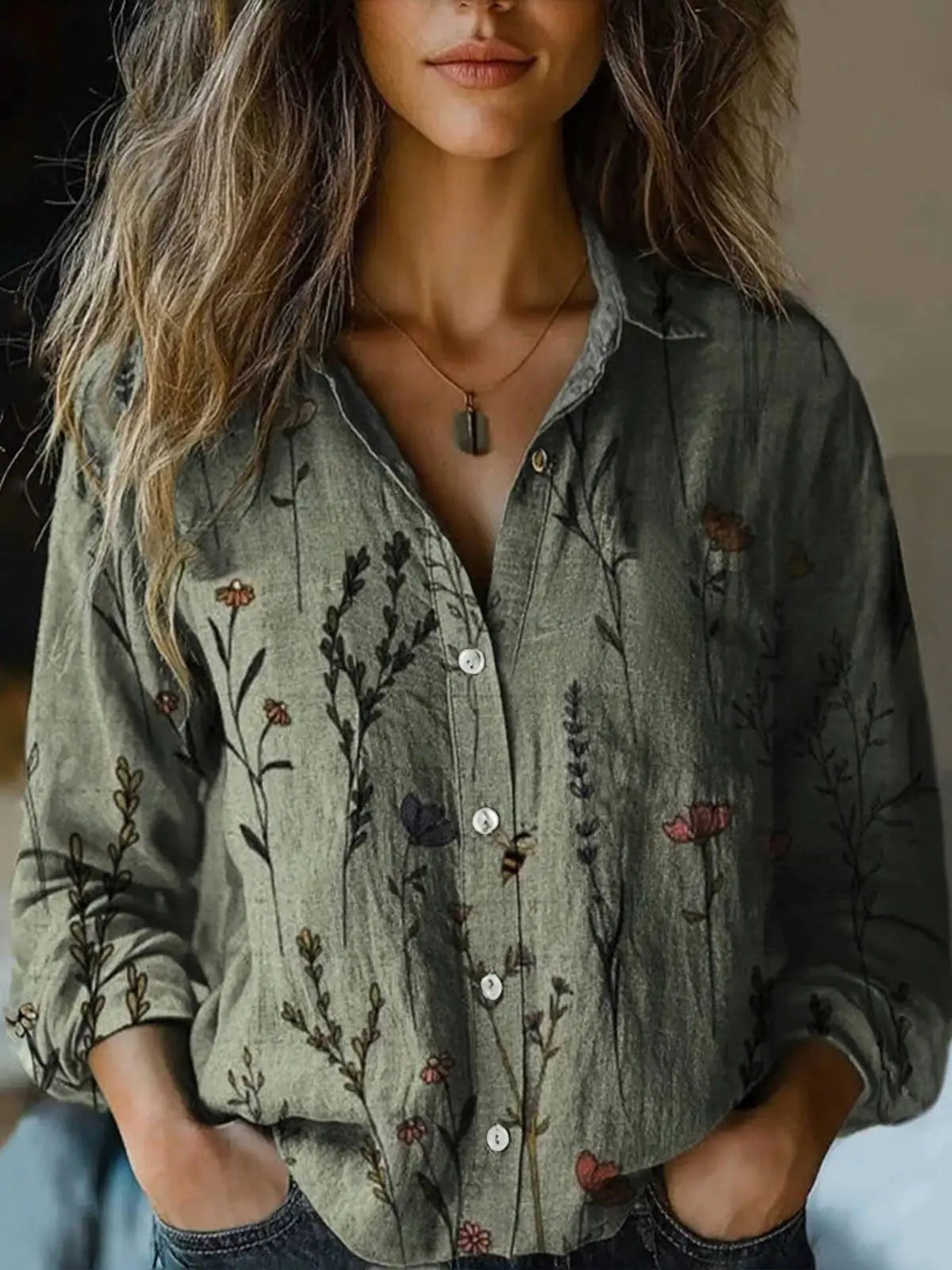 Women's Boho Print Long Sleeve Button-Up Blouse