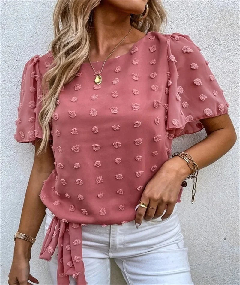 Feminine Blouse with 3D Floral Details - Pink