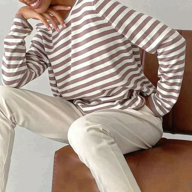 Women's Striped Knit Sweater Long Sleeve Crew Neck Pullover