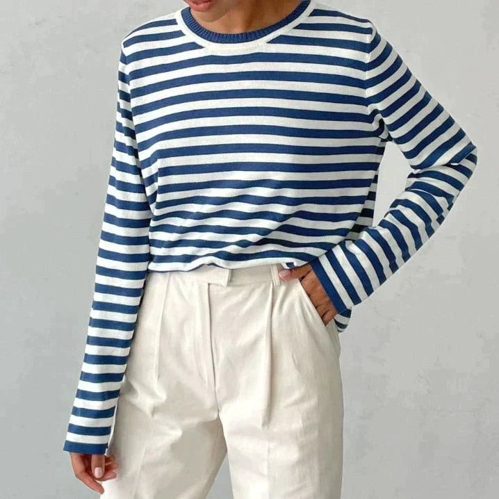 Women's Striped Knit Sweater Long Sleeve Crew Neck Pullover