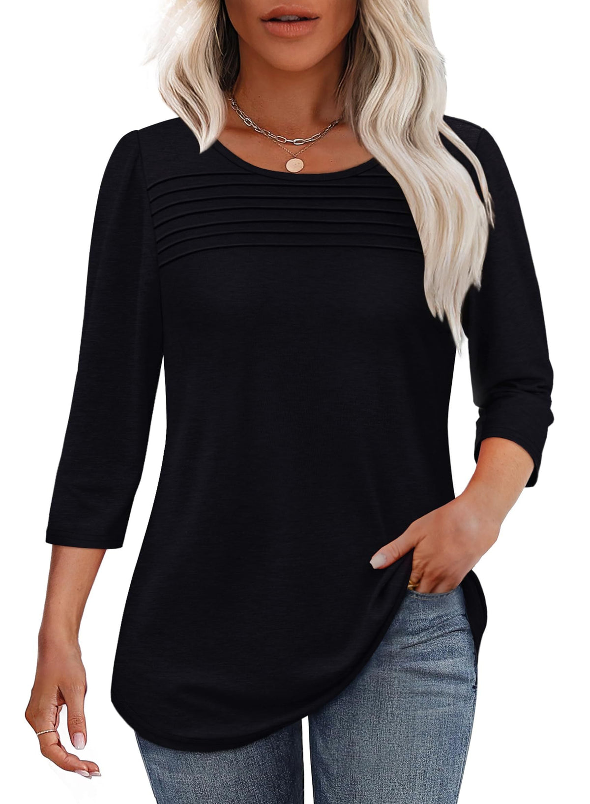 Women's 3/4 Sleeve Pleated Top Scoop Neck Casual Everyday Top