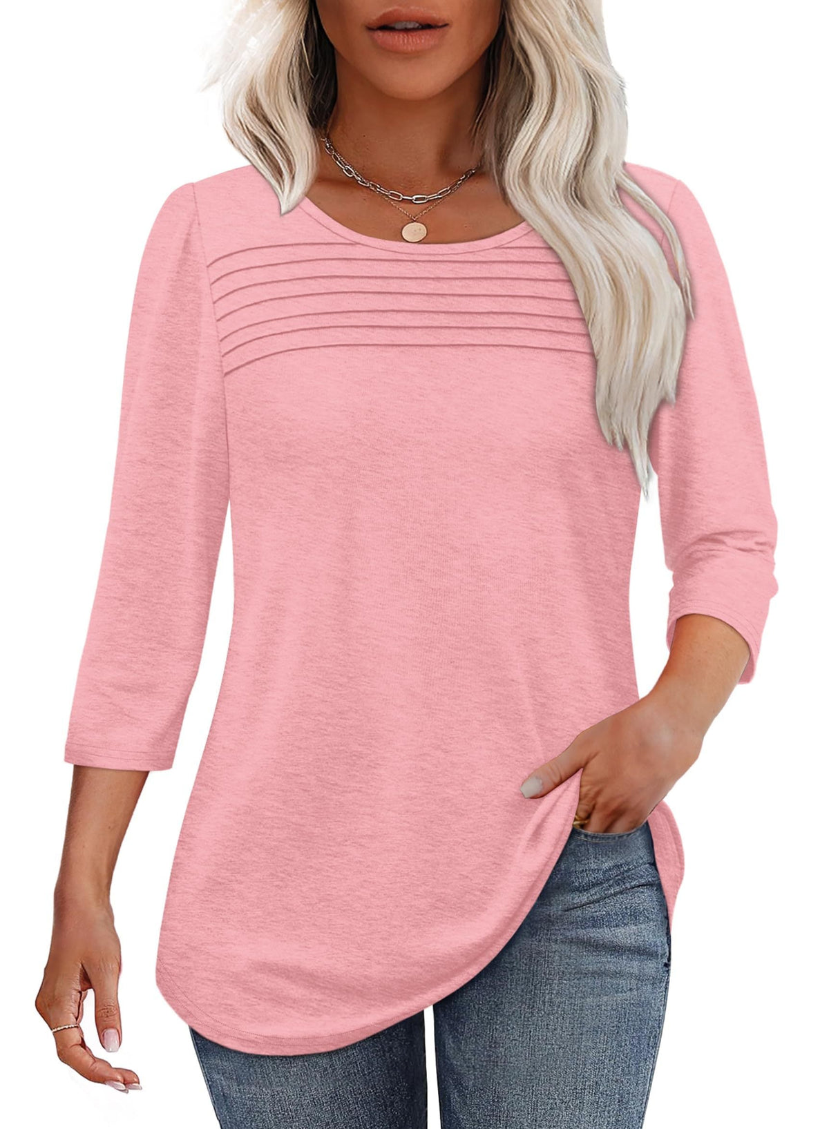 Women's 3/4 Sleeve Pleated Top Scoop Neck Casual Everyday Top