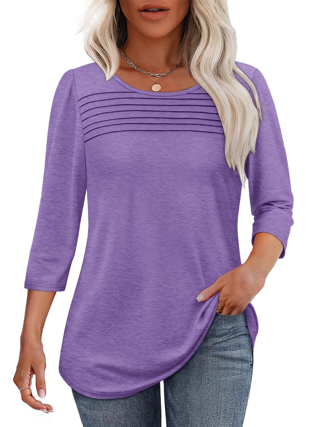 Women's 3/4 Sleeve Pleated Top Scoop Neck Casual Everyday Top