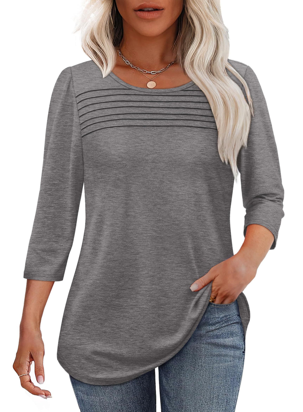 Women's 3/4 Sleeve Pleated Top Scoop Neck Casual Everyday Top