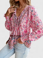 Women's Boho V-Neck Lace-Up Blouse Long Sleeve Print
