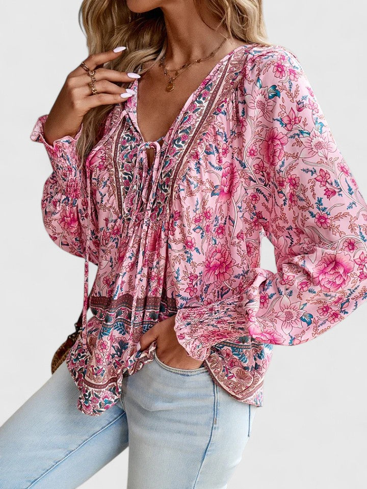 Women's Boho V-Neck Lace-Up Blouse Long Sleeve Print