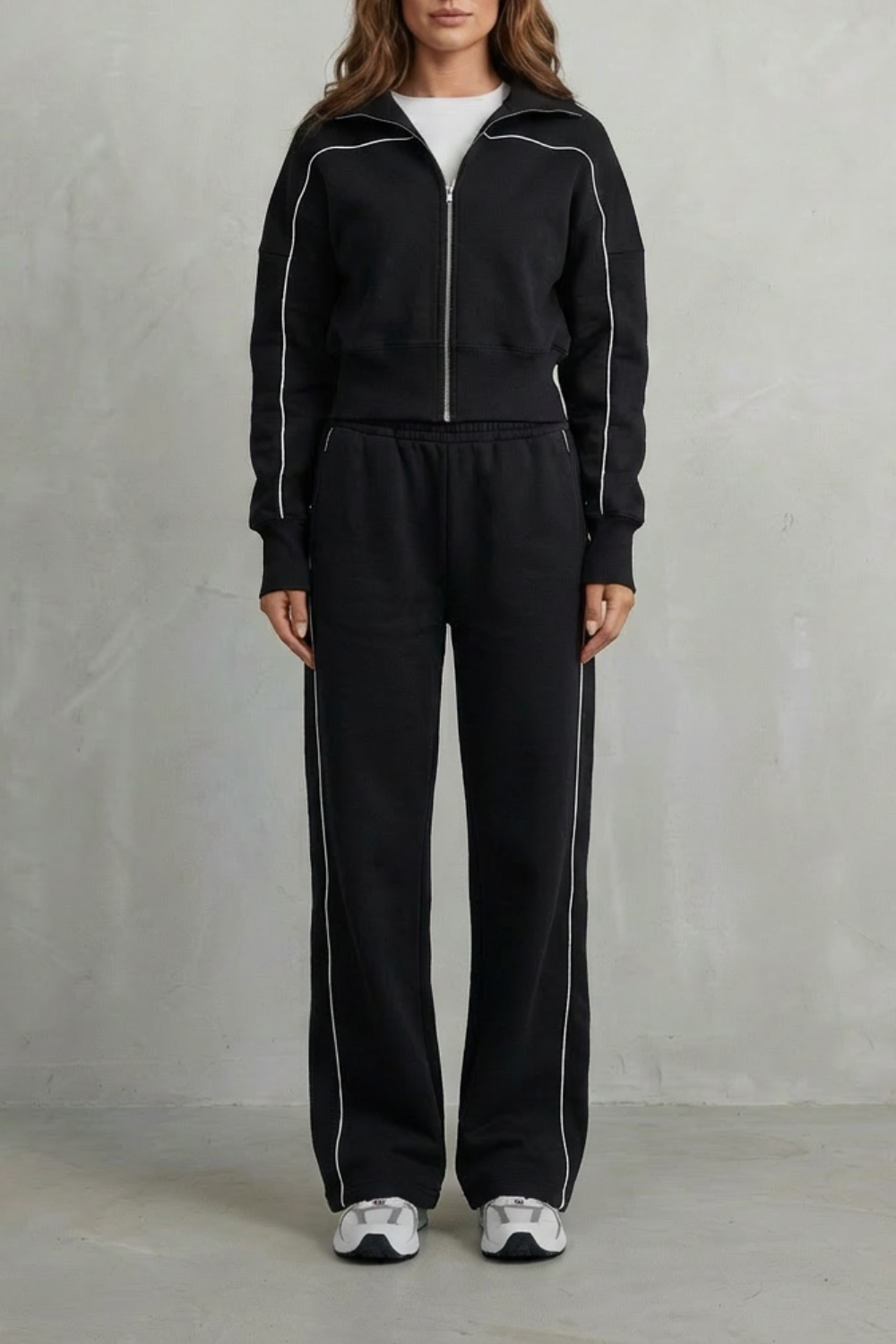 Urban Edge Piped Zip Jacket & Wide-Leg Pants Set