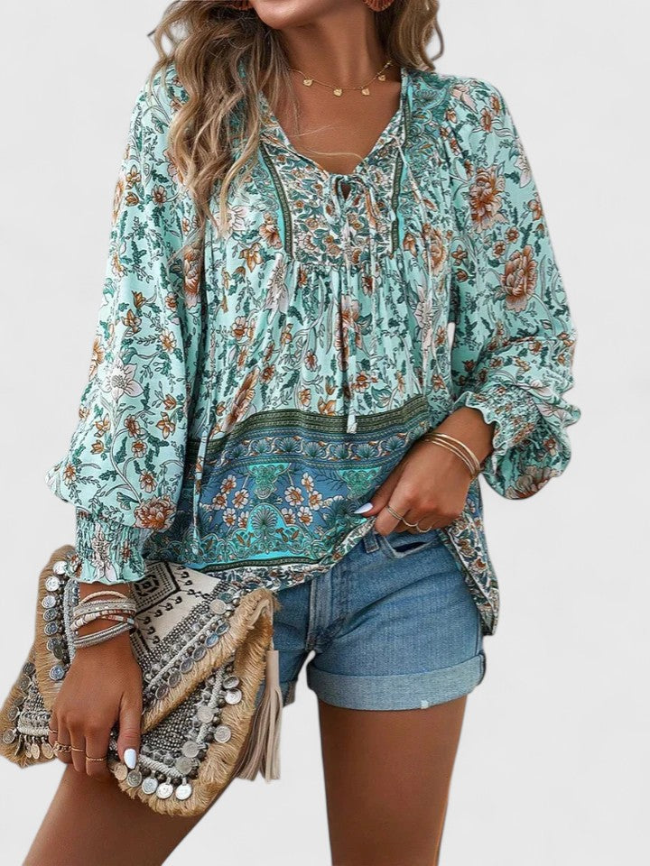 Women's Boho V-Neck Lace-Up Blouse Long Sleeve Print