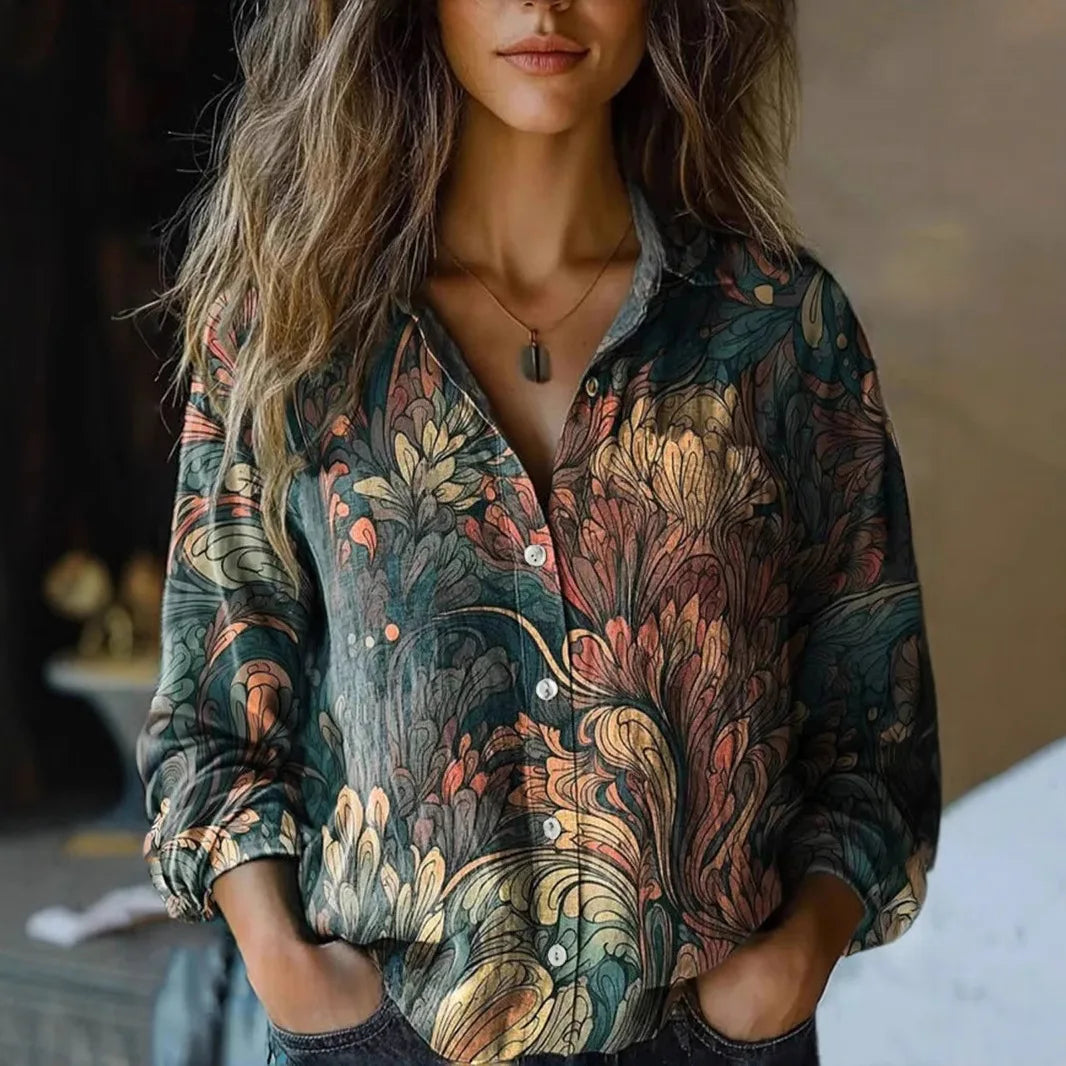 Women's Boho Print Long Sleeve Button-Up Blouse