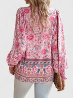 Women's Boho V-Neck Lace-Up Blouse Long Sleeve Print