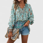 Women's Boho V-Neck Lace-Up Blouse Long Sleeve Print