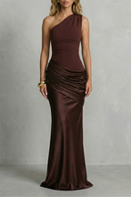 Satin Draped Elegance One Shoulder Maxi Dress