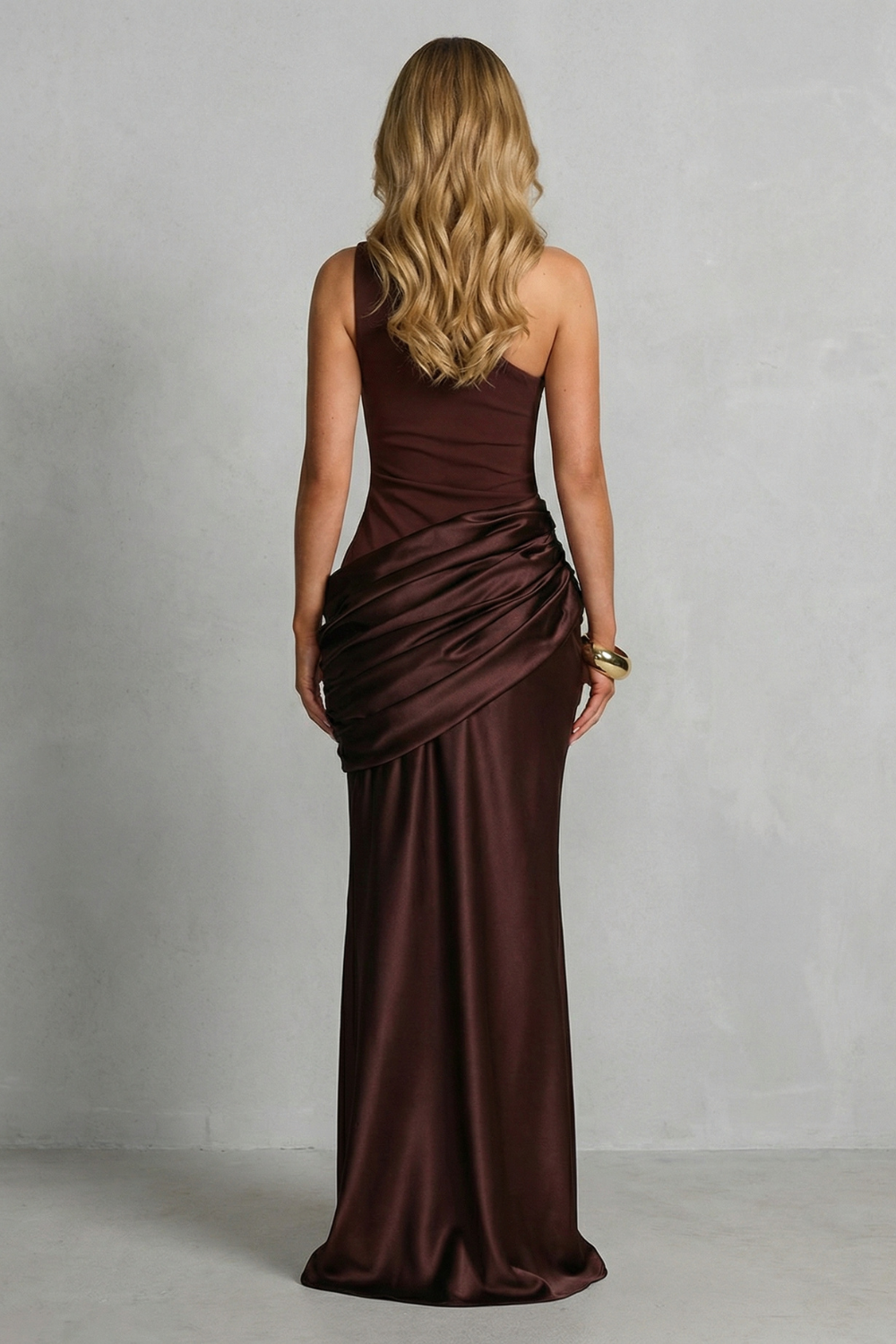 Satin Draped Elegance One Shoulder Maxi Dress