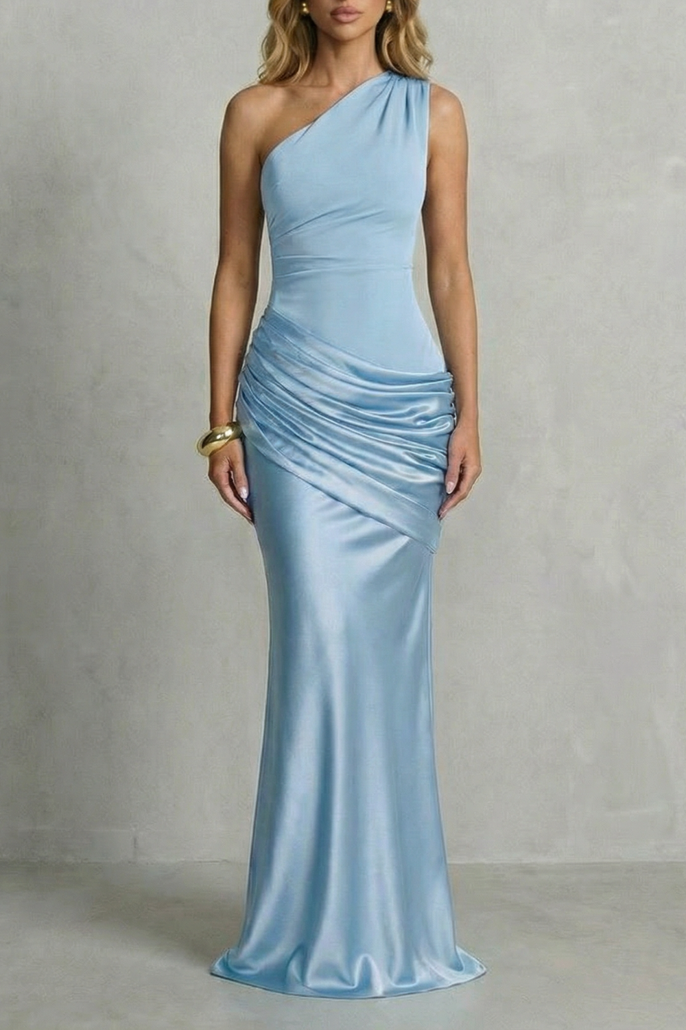 Satin Draped Elegance One Shoulder Maxi Dress
